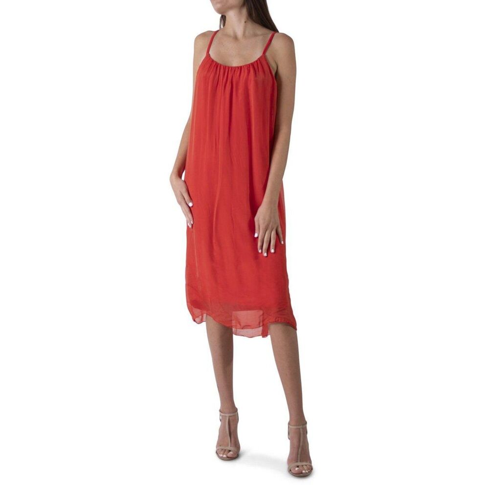 100% Silk Gigi Moda Midi Slip Dress Made In Italy OS Spaghetti Straps Red Coral